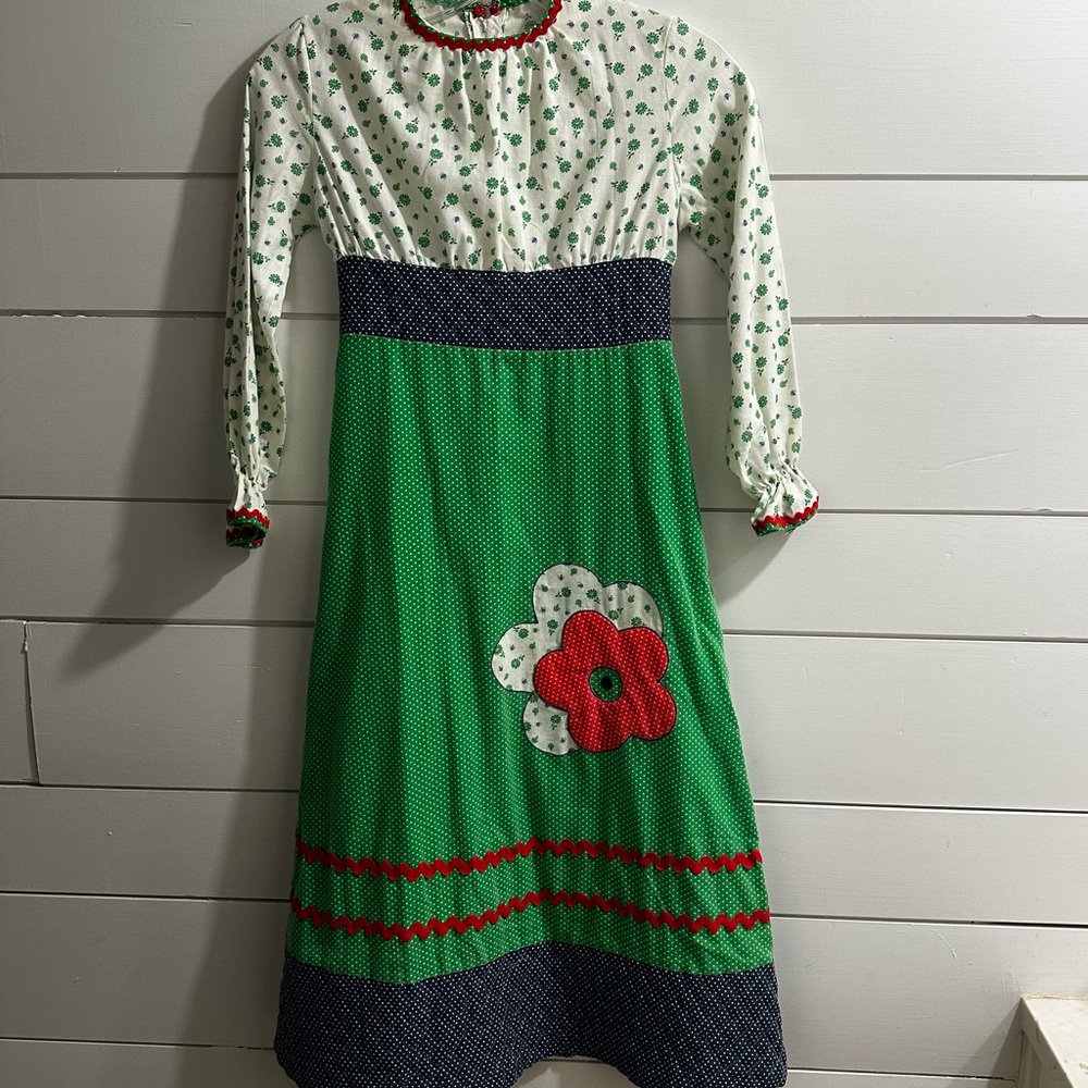 Vintage 1970s Prairie Dress By Cinerella Size 7 Green Blue Polka Dot Flowers
